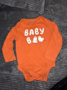 Old Navy Orange Long-Sleeve Baby Bodysuit with White 'Baby' Ghost Print